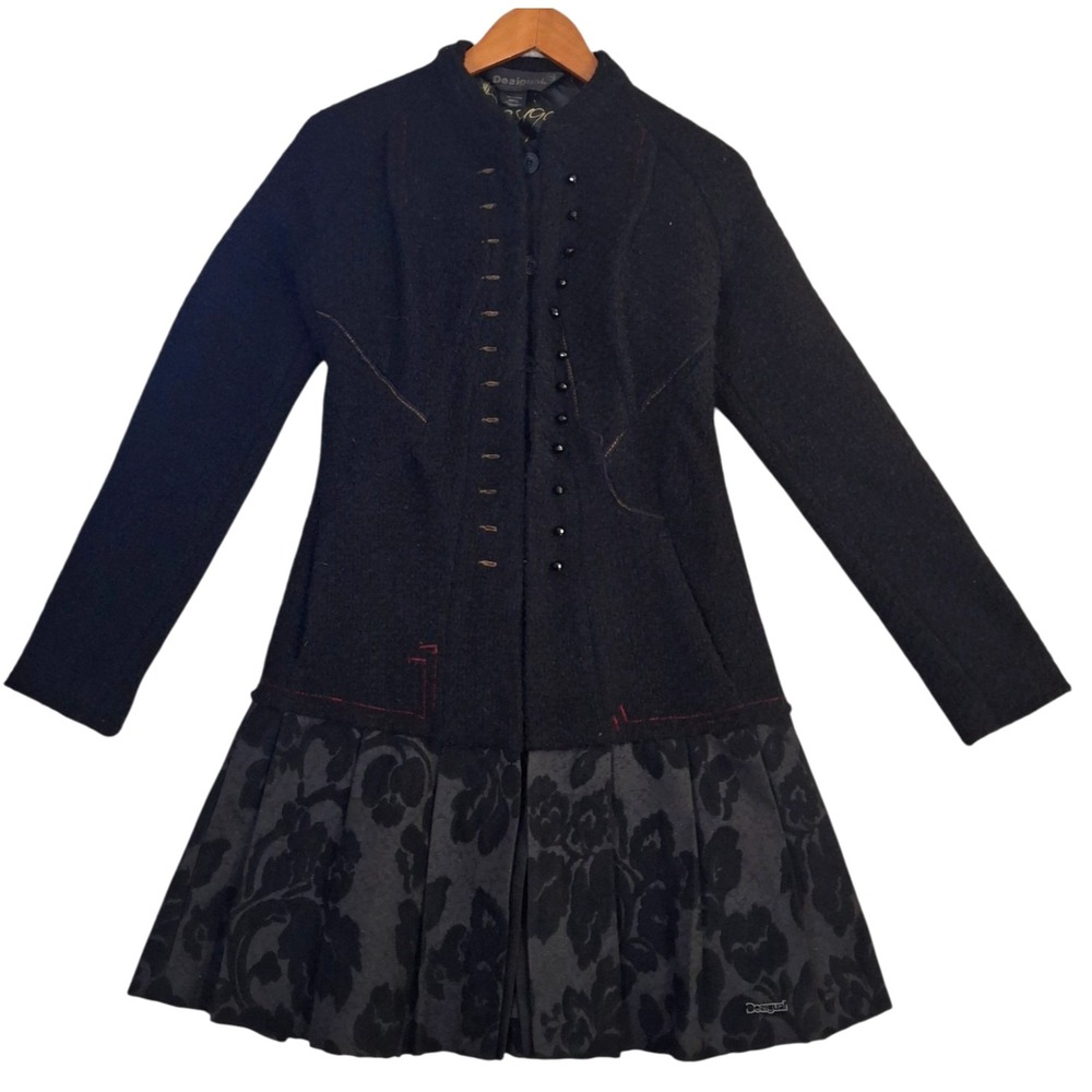 Desigual Black Boucle Wool Blend Floral Pleated Skirt Coat Jacket Womens 36